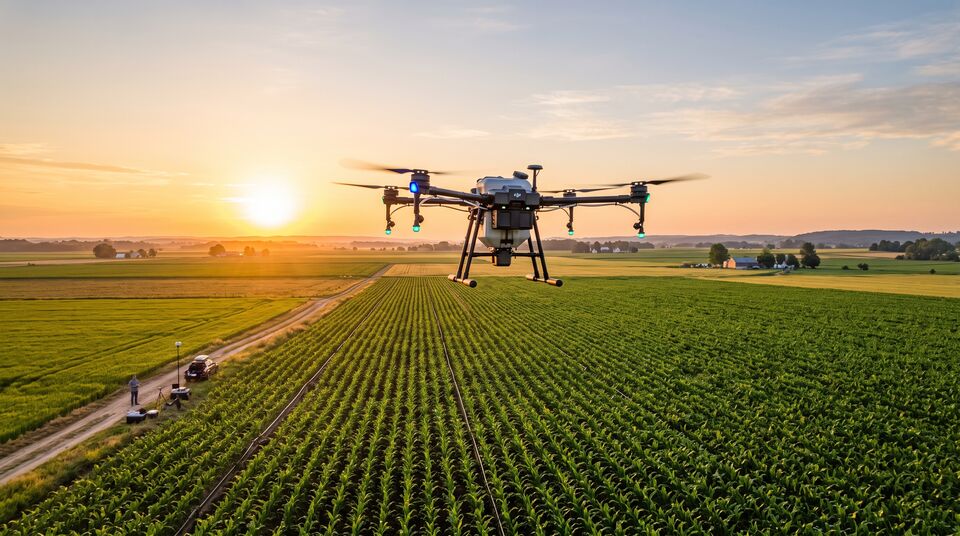 Drone agricolo in volo al tramonto su un campo di mais con squadra a terra e mezzi di supporto