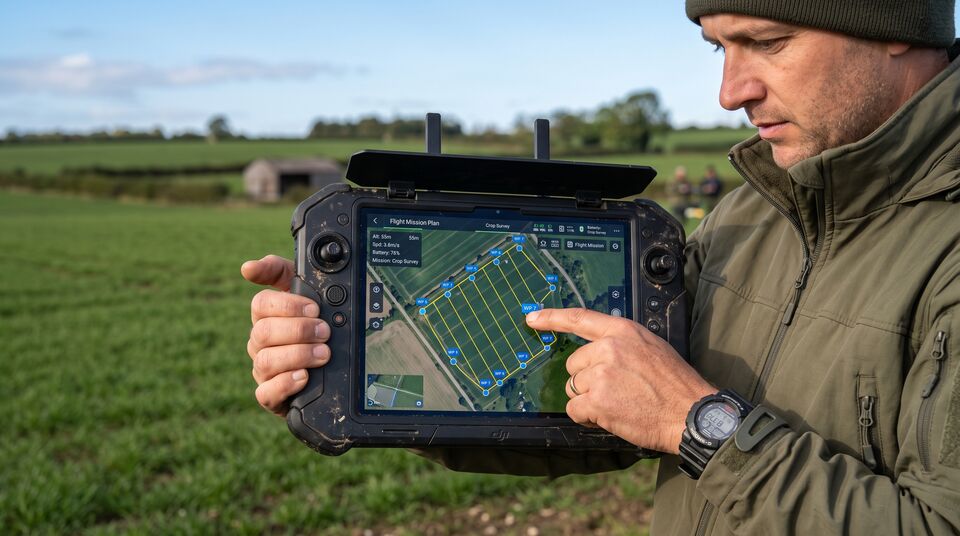 Pilota pianifica la missione su controllore rugged con griglia di waypoint sul campo