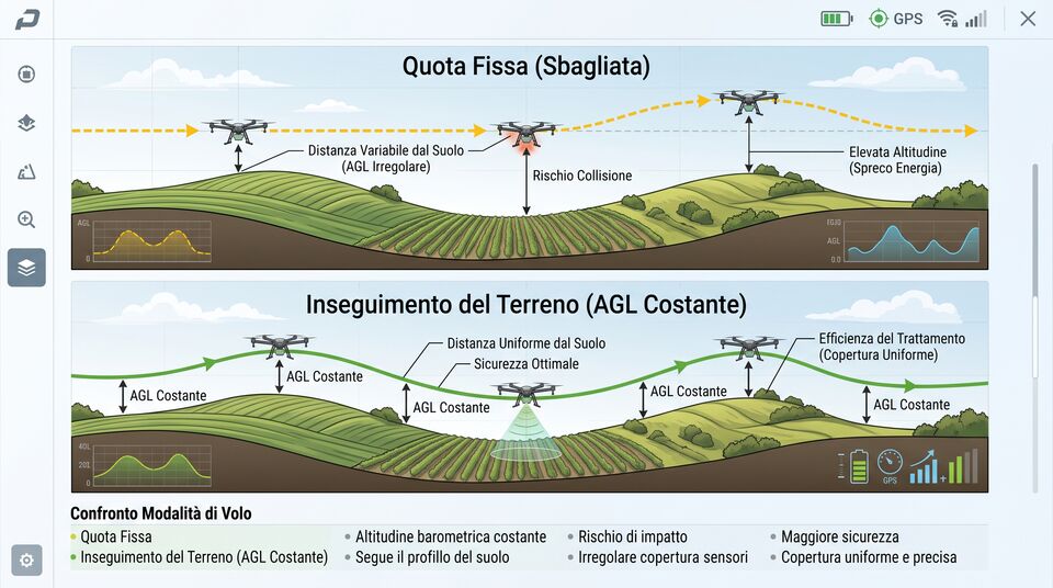 Confronto tra quota fissa e inseguimento del terreno con AGL costante nel volo del drone agricolo