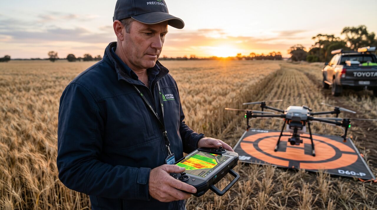 Pilota di droni agricoli con radiocomando che mostra la mappa NDVI del campo appena rilevato