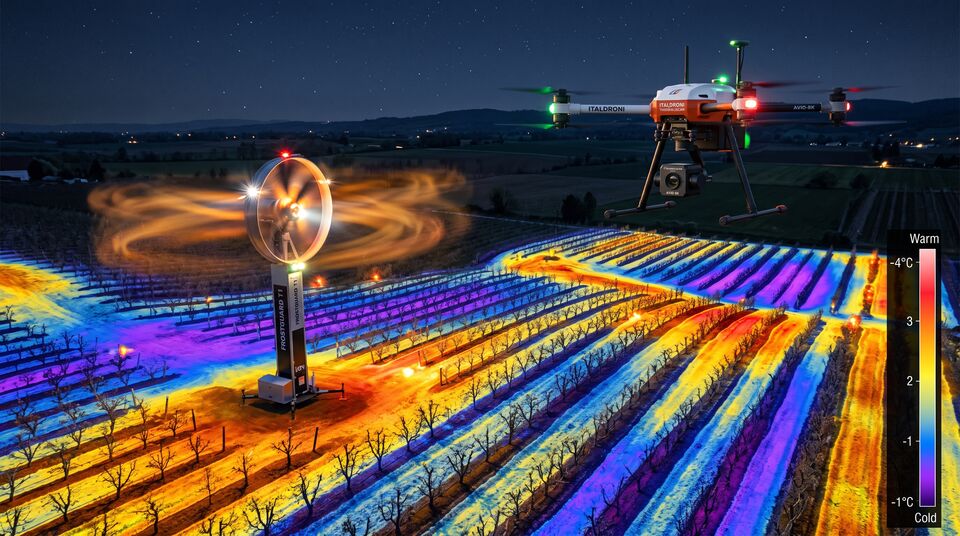 Termografia notturna del vigneto con drone e ventilatore antibrina contro le gelate tardive