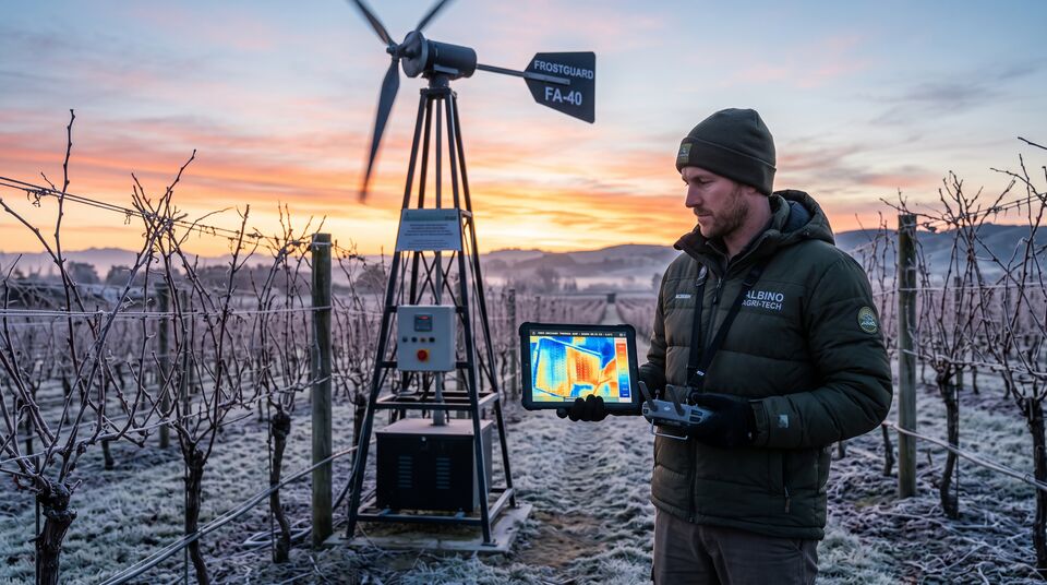 Tecnico con tablet termografico accanto a una torre antibrina nel vigneto all'alba gelata