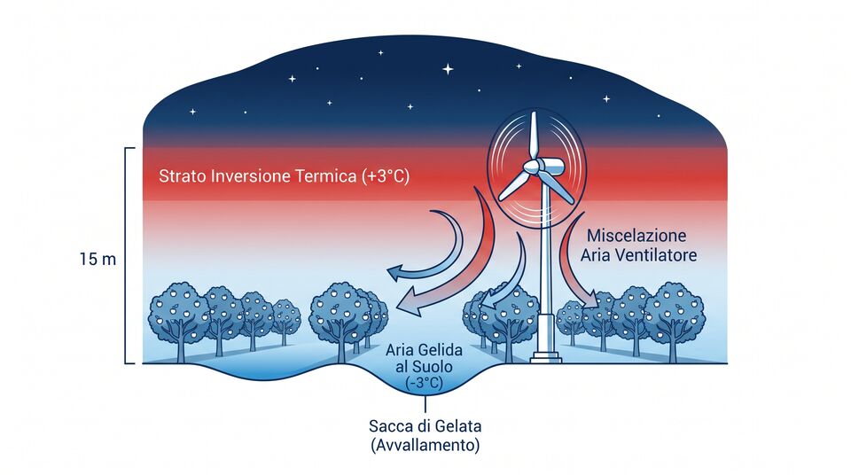 Schema dell'inversione termica notturna: aria gelida nelle sacche e miscelazione del ventilatore