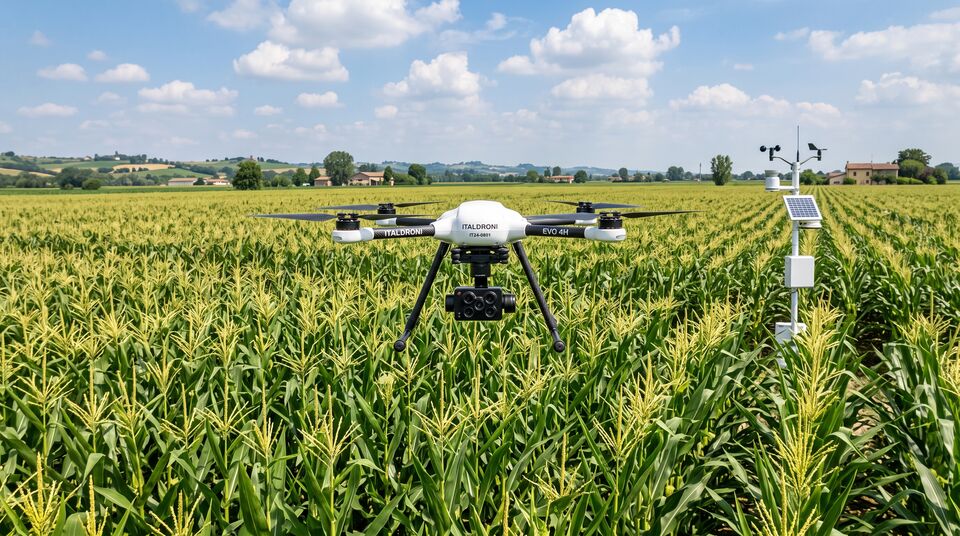 Drone ITALDRONI EVO 4H con camera multispettrale in volo su un campo di mais con stazione meteo