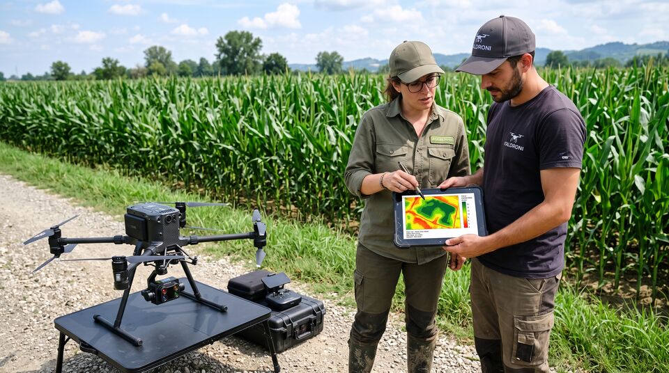 Due tecnici confrontano la mappa di vigoria su tablet accanto al drone multispettrale in un maisale