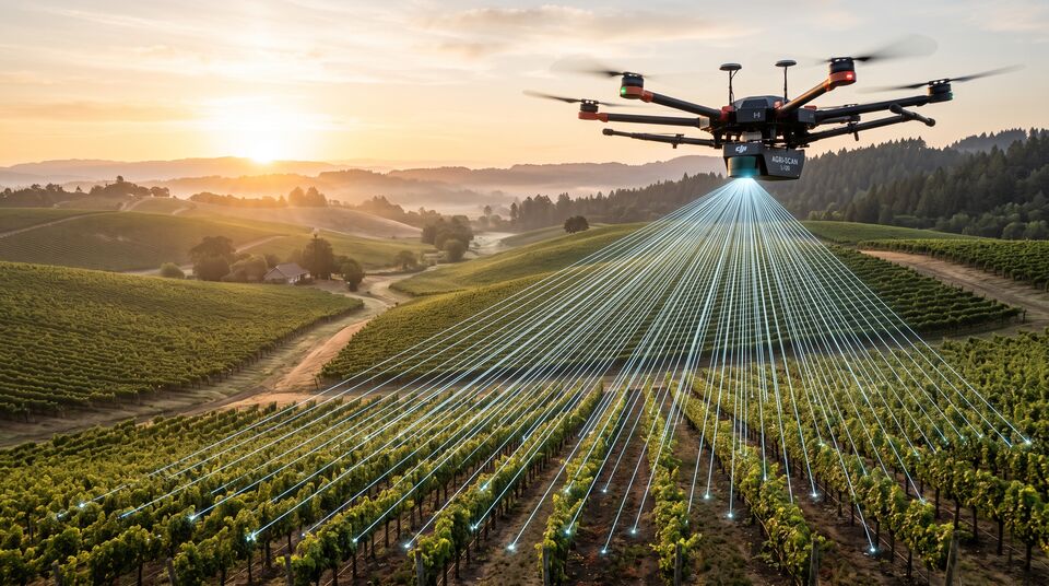 Drone LiDAR emette un ventaglio di laser sui vigneti collinari al tramonto per il rilievo 3D