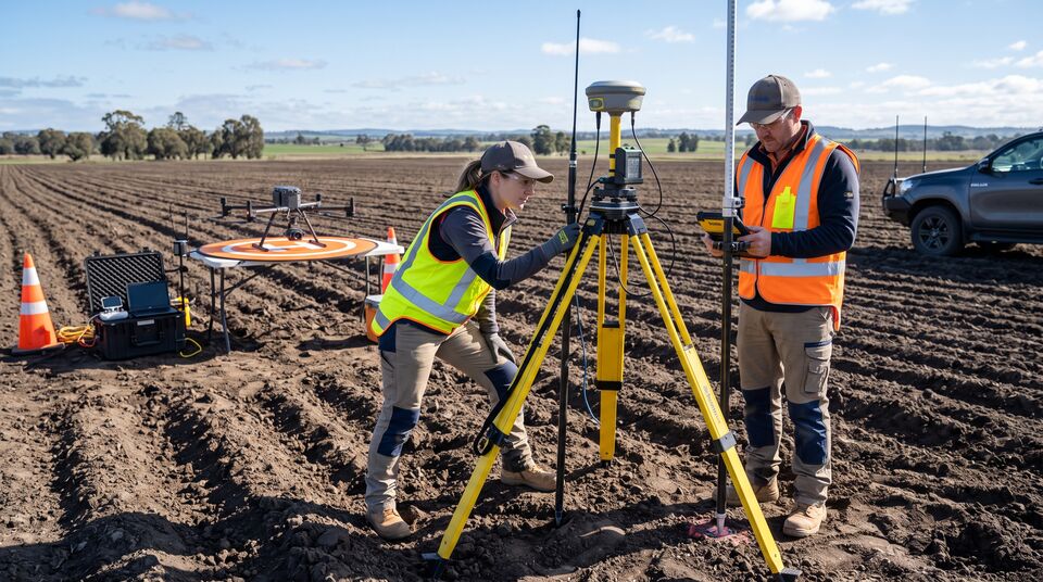 Geometri con ricevitore GNSS e asta su campo arato, drone in attesa sulla piattaforma di decollo