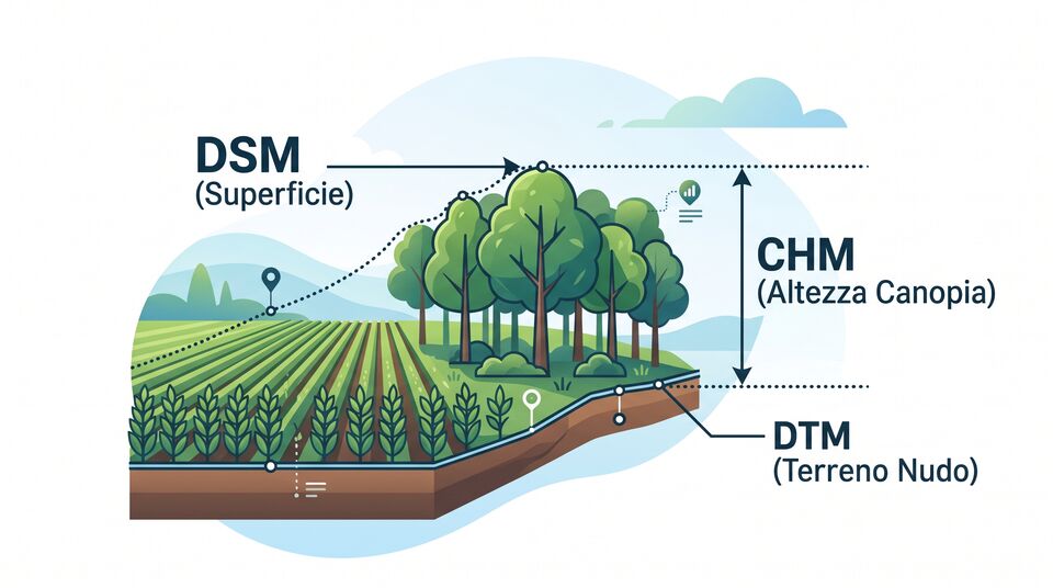 Differenza tra DSM superficie, DTM terreno nudo e CHM altezza canopia in un modello 3D del paesaggio