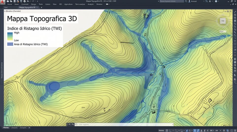Mappa topografica 3D con indice di ristagno idrico TWI e curve di livello su territorio collinare