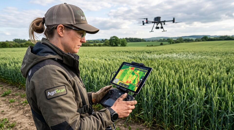 Pilota con radiocomando e mappa termica su tablet durante un volo di monitoraggio sul grano