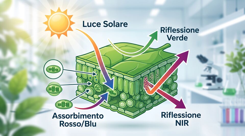 Schema fisiologico della foglia: assorbimento del rosso e del blu, riflessione di verde e NIR