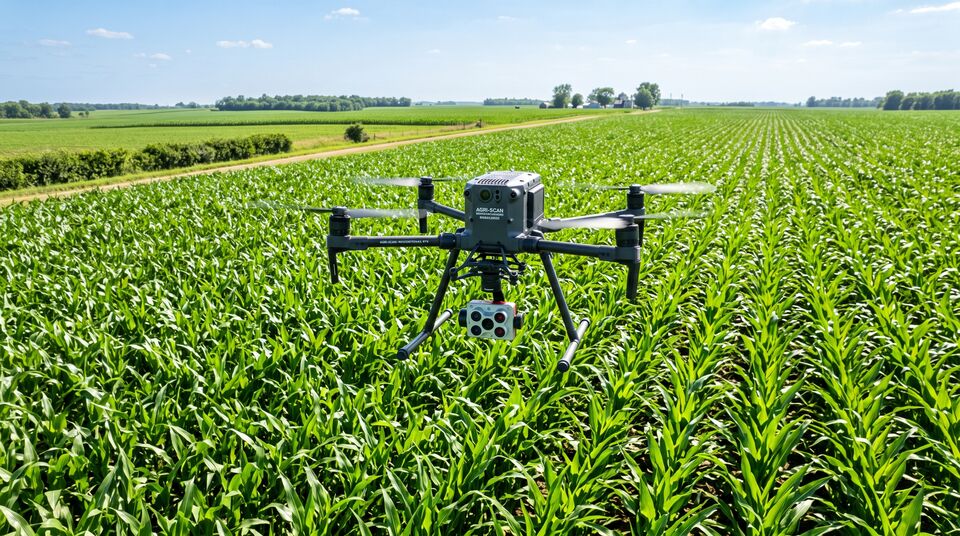 Drone con camera multispettrale a cinque ottiche in volo radente su un campo di mais