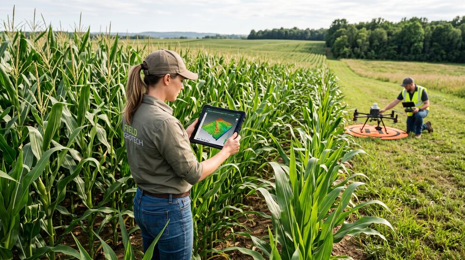 Operatrice con tablet e mappa 3D tra i filari di mais mentre il collega predisponde il drone