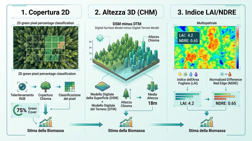 Stima della biomassa in tre passi: copertura 2D dei pixel, altezza 3D della chioma e indici LAI e NDRE