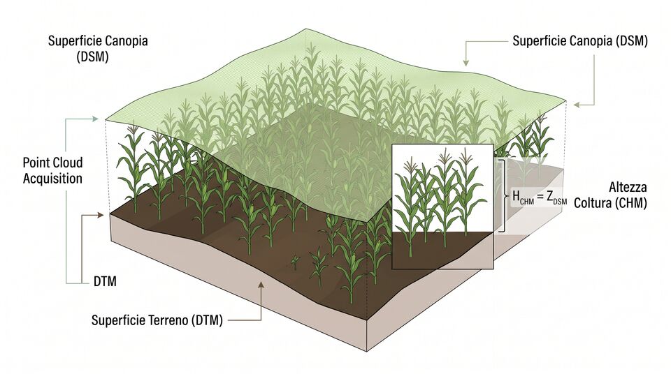 Sezione 3D della coltura: superficie canopia DSM, terreno DTM e formula dell'altezza CHM del mais