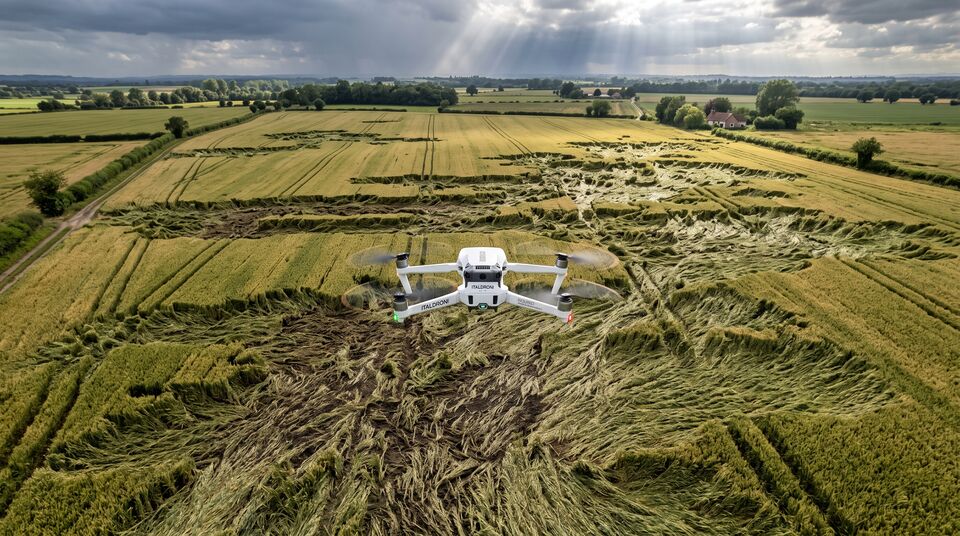 Drone sorvola un campo di frumento allettato dalla grandine sotto un cielo di tempesta