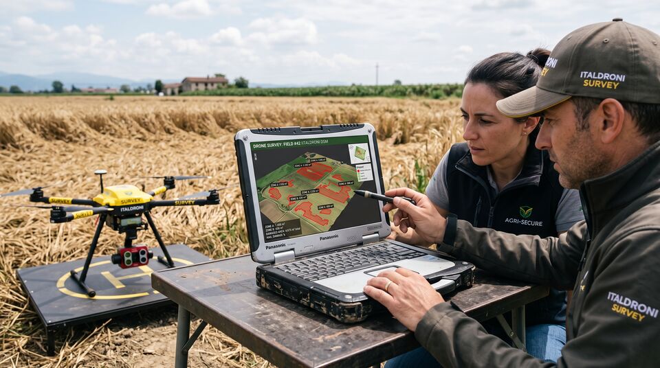 Periti con laptop e mappa dei poligoni di danno accanto al drone di rilievo sul raccolto colpito
