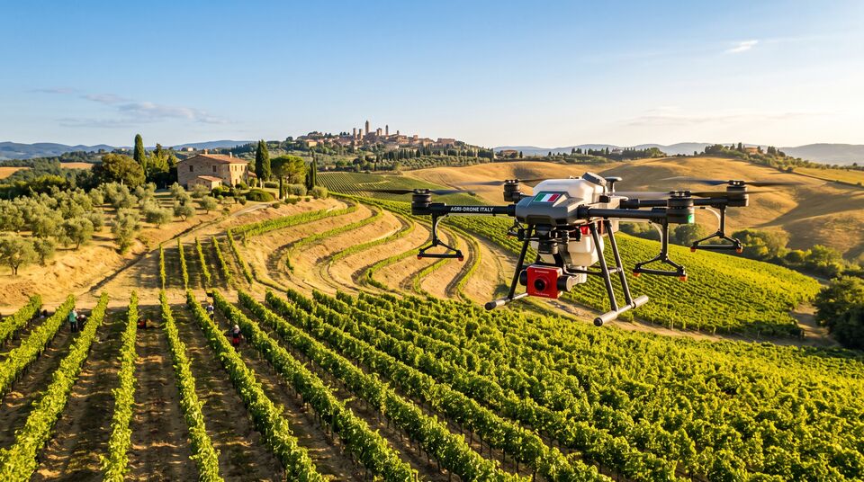 Drone agricolo multispettrale in volo su vigneto collinare per il monitoraggio dello stress idrico