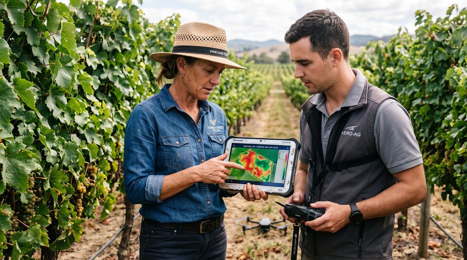 Tecnici analizzano su tablet la mappa termica del vigneto per valutare lo stress idrico