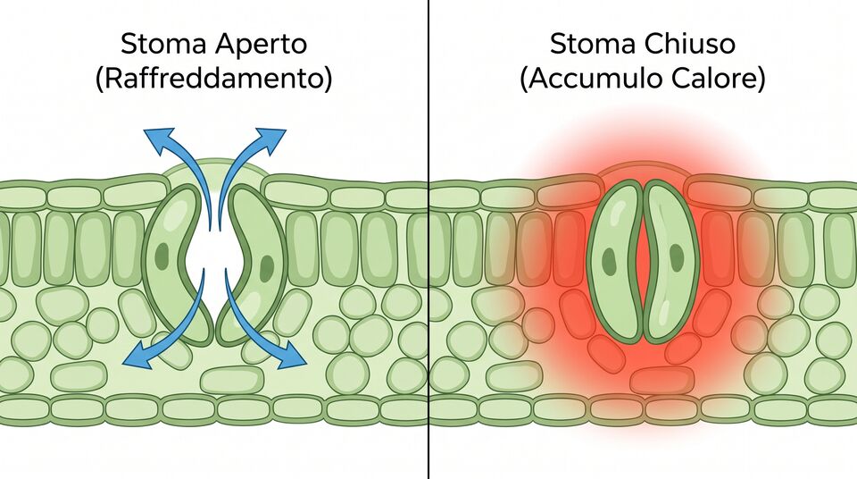 Infografica stoma aperto e chiuso: traspirazione e raffreddamento contro accumulo di calore nella foglia