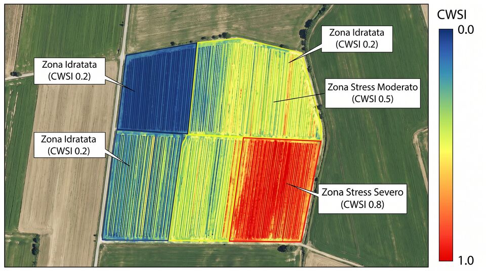 Mappa CWSI da drone termico con zone idratate, stress moderato e severo in un appezzamento irriguo