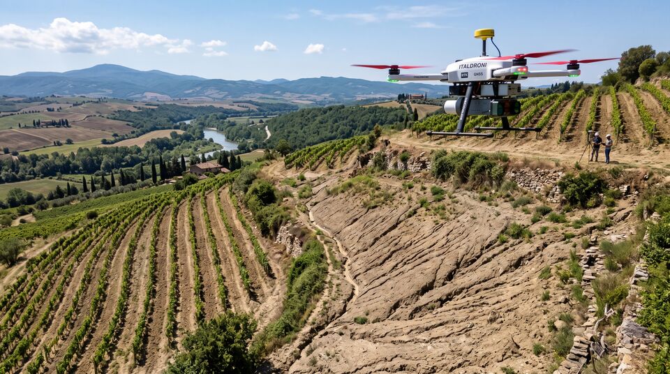 Drone ITALDRONI con RTK GNSS in sorvolo su versante erosionato e vigneto per il rilievo del suolo