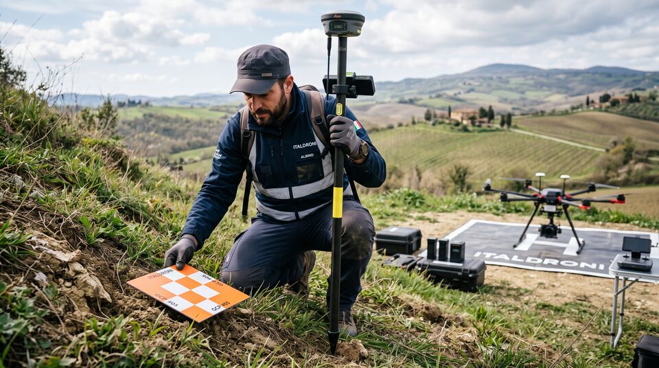 Operatore posiziona un target GCP a scacchi con antenna GNSS per la calibrazione del rilievo drone