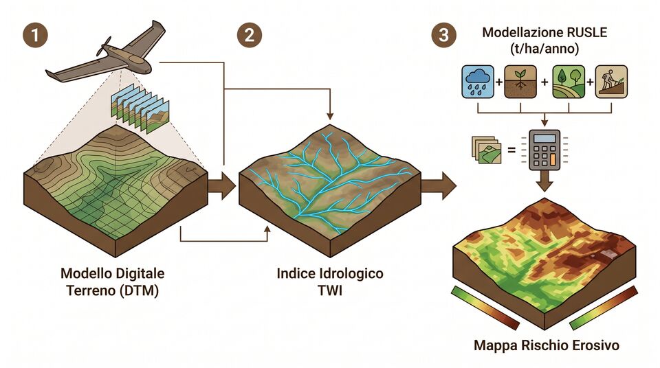 Workflow dal DTM all'indice TWI fino alla mappa RUSLE del rischio erosivo generata con dati drone