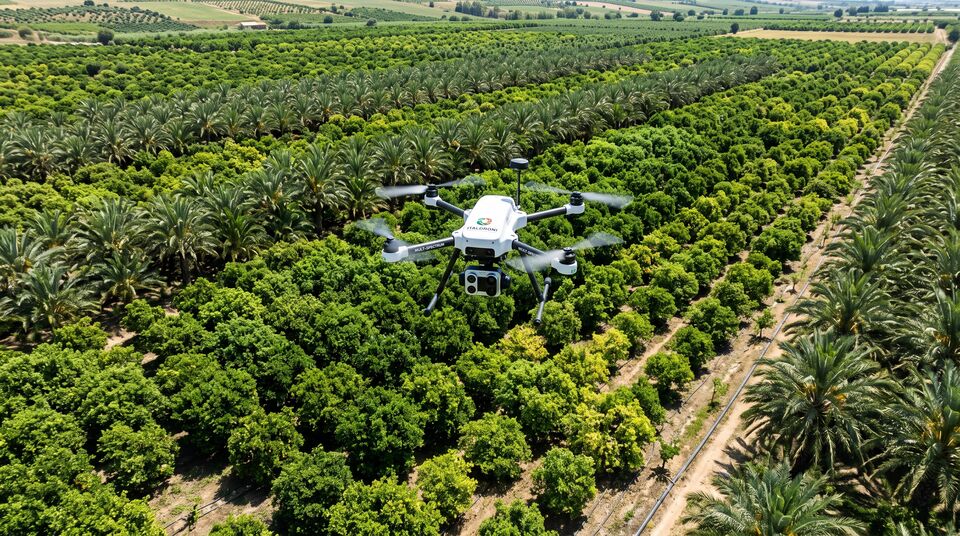 Drone multispettrale ITALDRONI in volo su frutteto per il monitoraggio dello stato fitosanitario