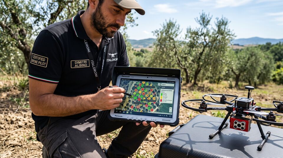 Pilota UAV analizza su Toughbook la mappa NDRE degli olivi con classi di salute per pianta