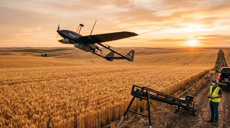 Drone ad ala fissa VTOL con catapulta di lancio per rilievi BVLOS su grandi estensioni di grano