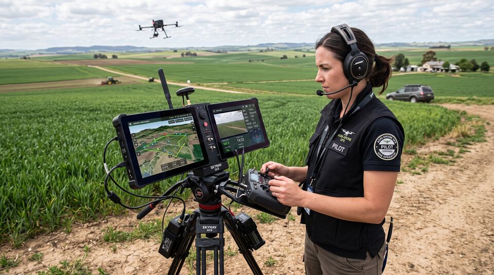 Pilota UAV alla ground control station con doppio monitor per una missione di sorveglianza agricola