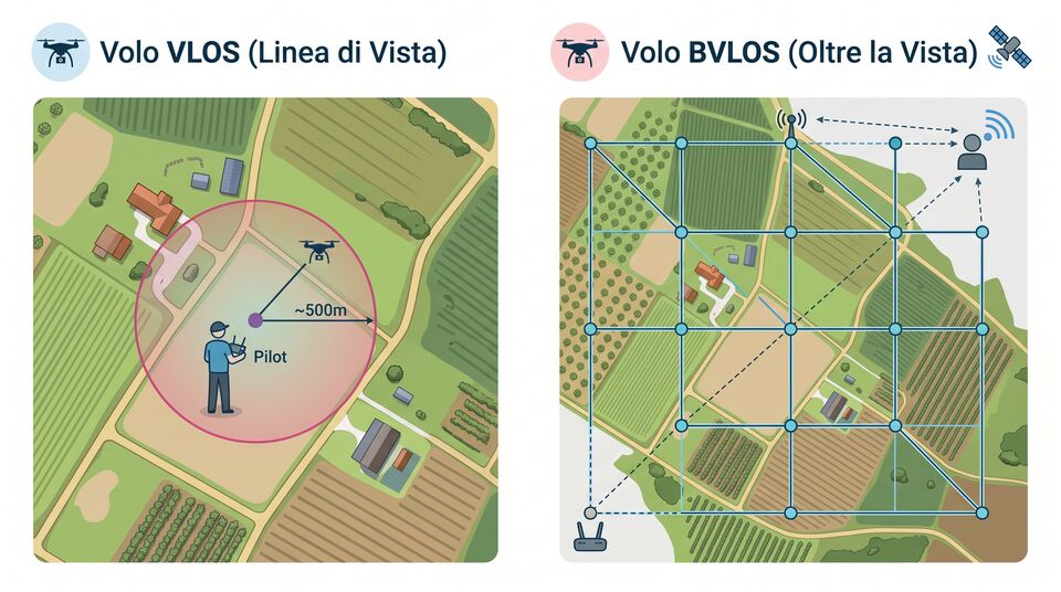 Confronto tra volo VLOS entro 500 metri e volo BVLOS con rete di relay su territorio rurale