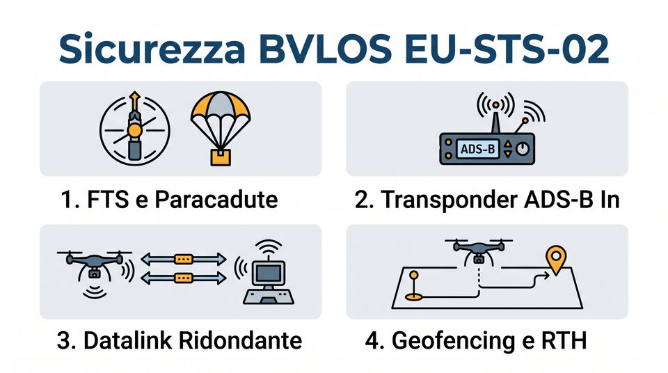 Requisiti di sicurezza BVLOS EU-STS-02: paracadute FTS, ADS-B In, datalink ridondante e geofencing