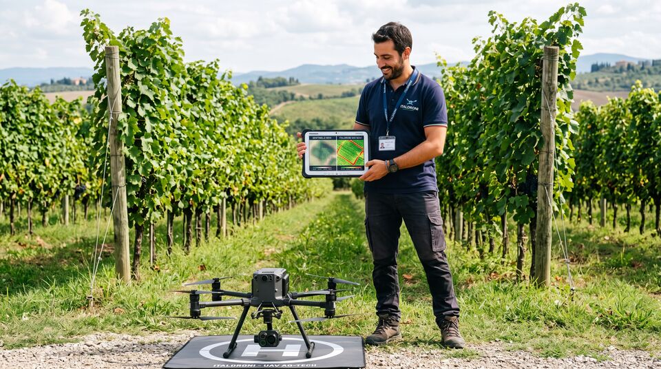 Tecnico confronta su tablet l'NDVI di Sentinel-2 con la mappa drone ad alta risoluzione nel vigneto
