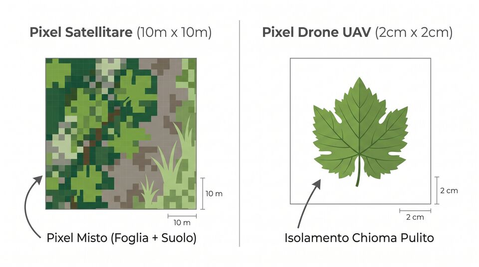 Pixel satellitare da 10 metri con suolo mescolato contro pixel drone da 2 cm sulla singola foglia