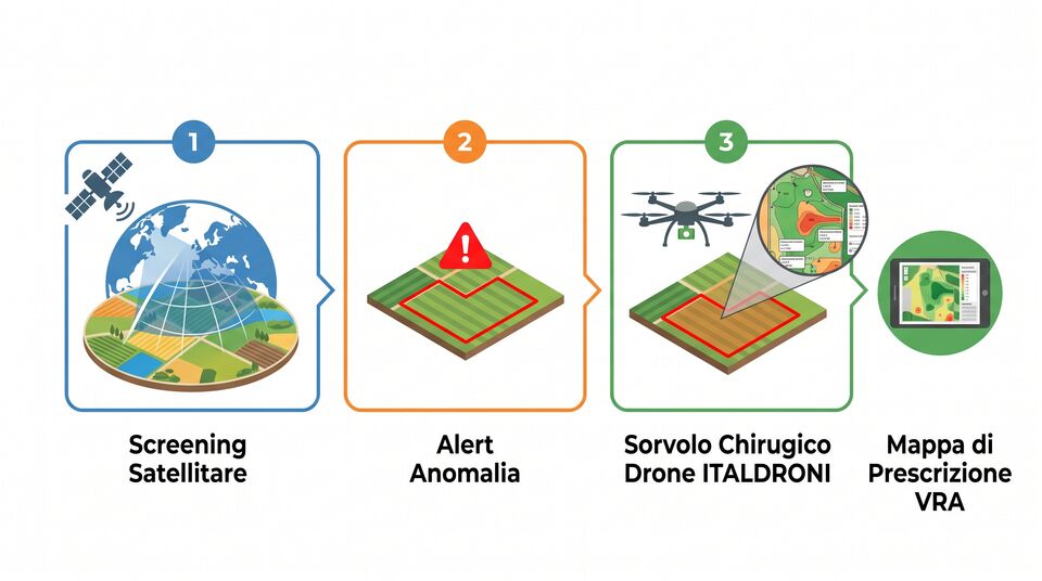 Workflow dal screening satellitare all'allarme anomalia fino al sorvolo drone e alla mappa VRA