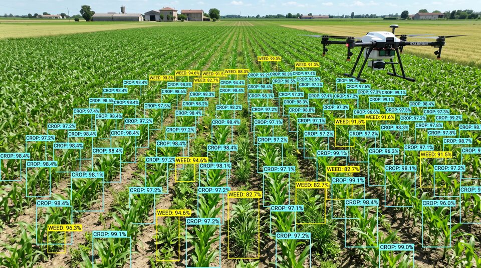 Box di detection CROP e WEED su mais con drone agricolo in volo per il diserbo di precisione