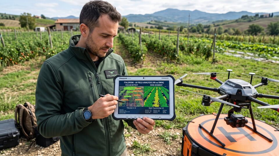 Operatore mostra su tablet il confronto tra YOLOv8 e Swin Transformer per l'analisi di campo