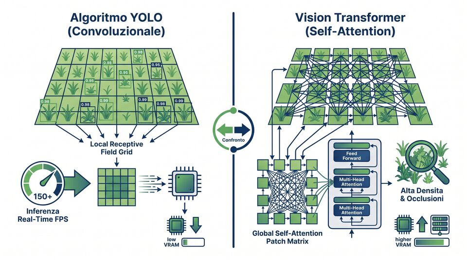 Schema della griglia locale YOLO contro la self-attention globale del Vision Transformer