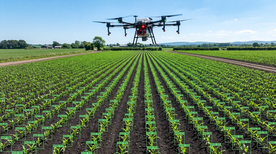 Drone agri su mais in levata con box YOLO per la conta automatica delle piante e la stima di resa