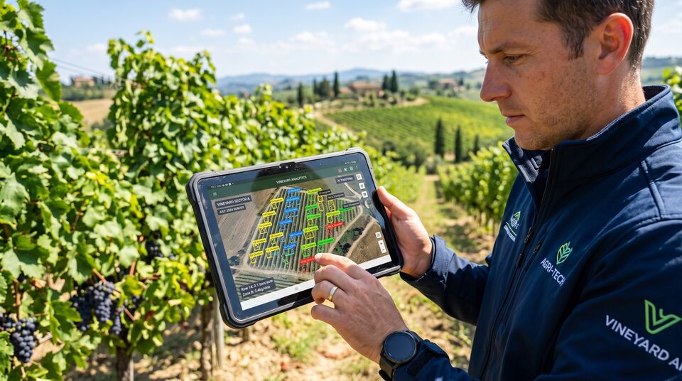Tecnico consulta su tablet l'analisi dei grappoli per settore del vigneto con conteggio clusters