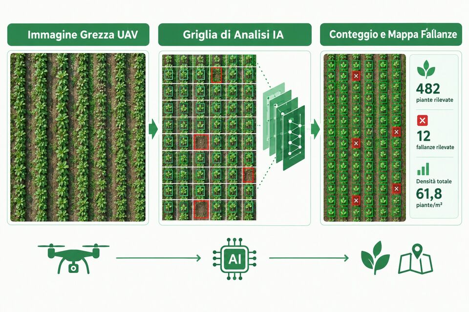 Dal grezzo UAV alla griglia di analisi IA: 482 piante rilevate e 12 fallanze per rinfittire il filare
