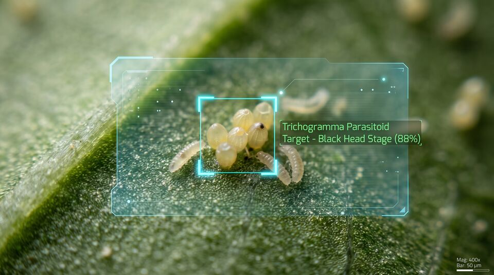 Uova di lepidottero al microscopio digitale con riconoscimento dello stadio capo nero