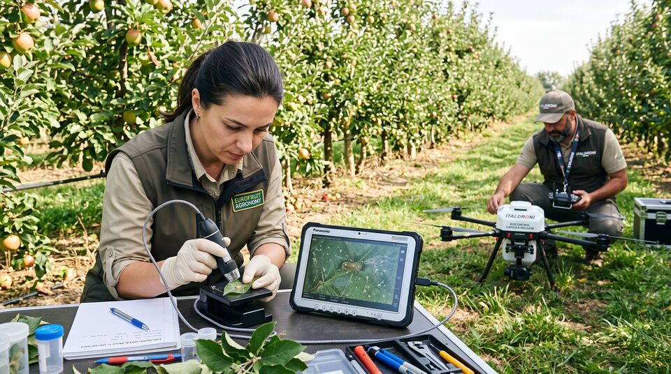 Tecnica esamina foglie con microscopio digitale nel frutteto mentre il drone biocontrollo attende