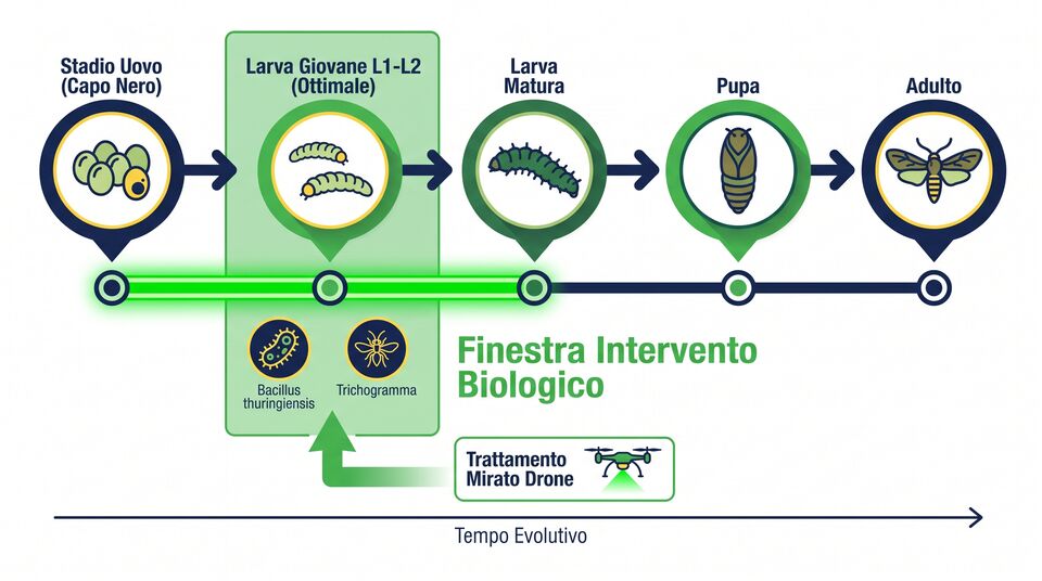 Ciclo dell'insetto con finestra d'intervento biologico tra uovo capo nero e larva L1-L2