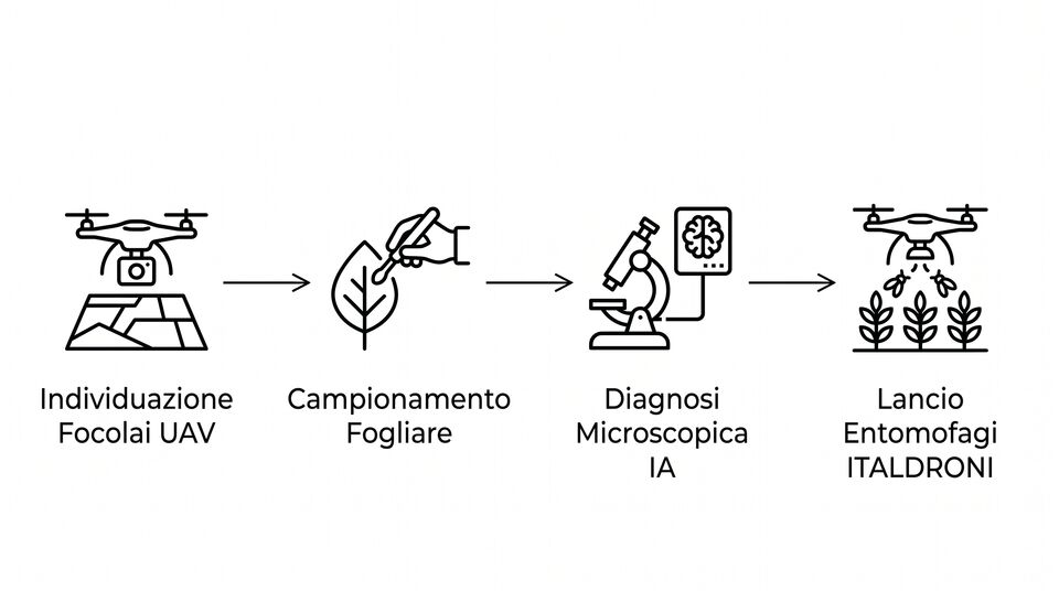 Individuazione dei focolai via UAV, campionamento fogliare, diagnosi microscopica e lancio entomofagi