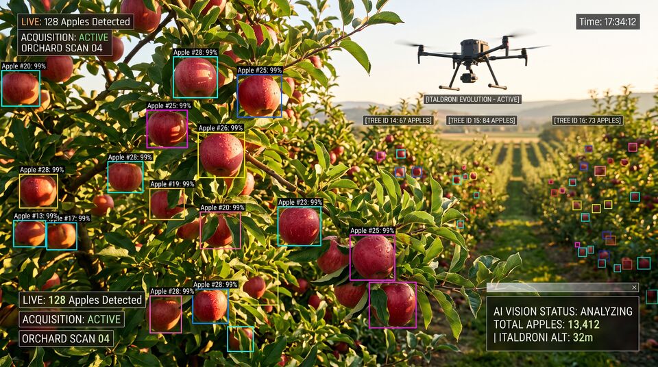 Conta automatica delle mele con box di detection e drone ITALDRONI in volo sul frutteto