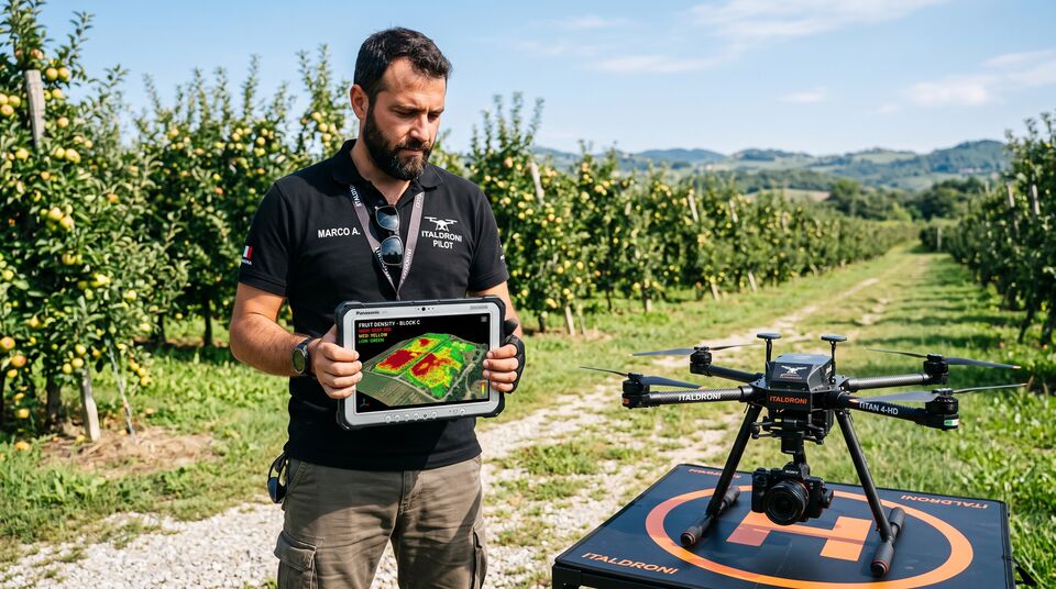Pilota ITALDRONI con mappa della densità fruttifera su tablet davanti al sesto di melo