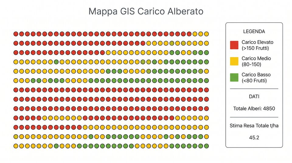 Mappa GIS del carico dell'alberato con legenda per classi di frutti e stima della resa totale